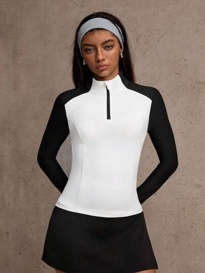 Dewbera Women's Half-Zip Collared Long Sleeve Colorblock Golf Polo Shirt