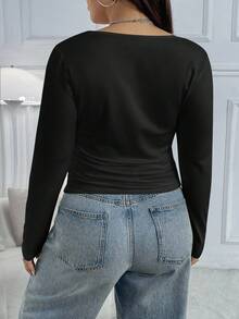 SHEIN EZwear 大码女式修身长袖黑色T恤，秋冬季保暖内衬 - 黑色 - 查看 2