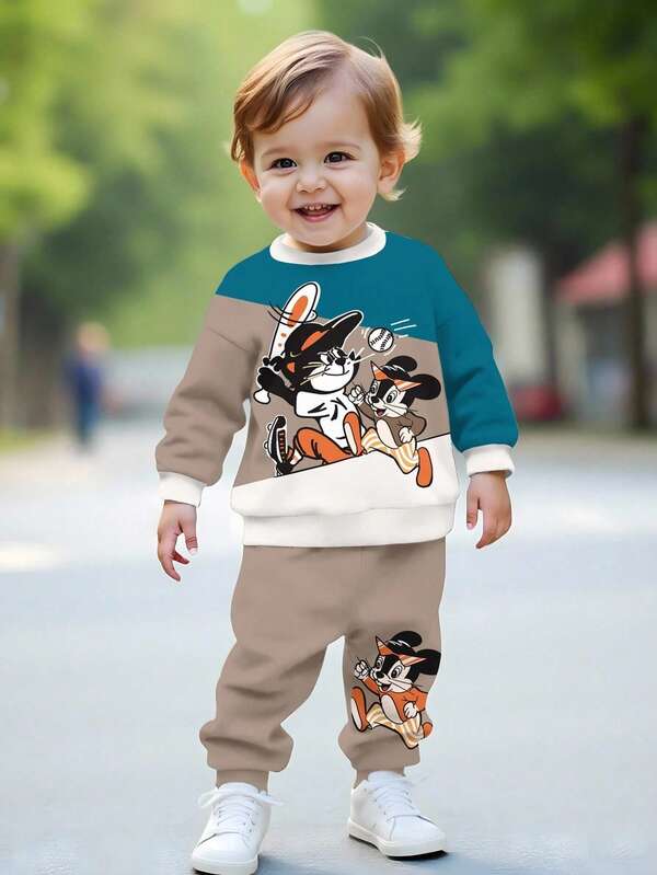 SHEIN 2pcs/Set Boys' Casual Cute Cartoon Animal & Letter Print Pullover Sweatshirt And Pants Set, Comfortable For Summer