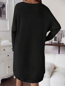 SHEIN LUNE 秋冬季纯色落肩毛衣连衣裙 - 黑色 - 查看 2