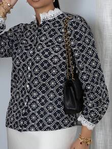 Melissa Matos 法式刺绣拼布蕾丝边长袖衬衫，时尚优雅的女式上衣