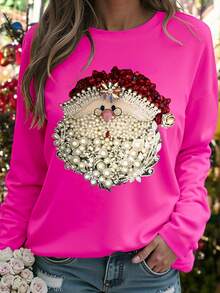 EMERY ROSE Plus Size Women Casual Printed Round Neck Long Sleeve T-Shirt - Hot Pink - View 1