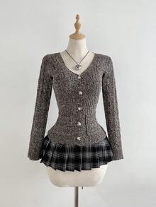 Elamini Áo khoác cardigan dáng ôm, tay dài, cài khuy đơn dành cho nữ, Thu/Đông - màu nâu - Xem 6