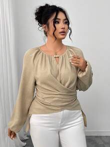 Elenzga Plus Size Women's Solid Color Keyhole Neck Raglan Sleeve Twist Front Fashion Blouse Fall Cloth For Women - Khaki - View 3