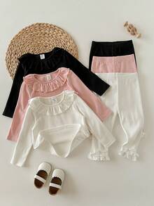 Newborn Baby Girl Casual Solid Color Ruffle Trim Long Sleeve Top And Elastic Waist Pants Set - Multicolor - View 6