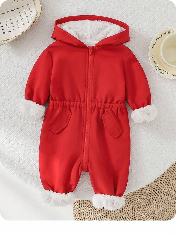 SHEIN Mono con capucha de forro polar tipo cargo para bebés recién nacidos niñas, para otoño/invierno