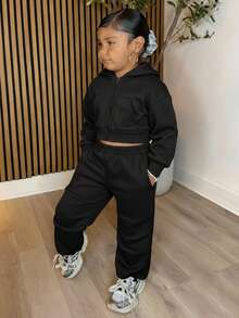 Young Girl Casual Knit Hooded Sweatshirt Sweatshirt And Ruched Sweatpants Set - Black - View 3