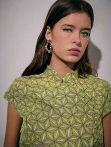 Nöista Two Pieces Coordinated Set Featuring A Short-Sleeve Top And Wide-Leg Pants With Geometric Pattern Detailed Chinese Buttons, Offering An Elegant - Olive Green - View 6