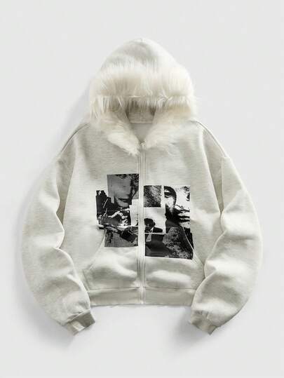 Street Life Men's Autumn/Winter Graphic Print Long Sleeve Hooded Sweatshirt With Zipper Closure And Fluffy Collar