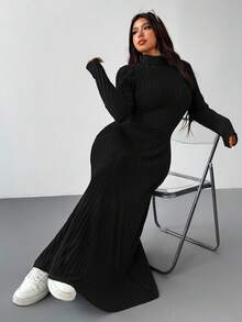 SHEIN EZwear 黑色羊毛罗纹高领休闲加大码长款连衣裙，秋冬款 - 黑色 - 查看 4