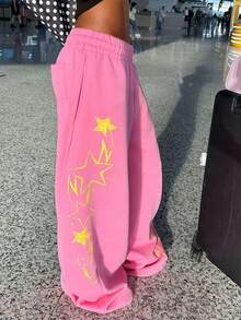 Rovax Women's Casual Loose Letter Print Wide Leg Sweatpants - Pink - View 2