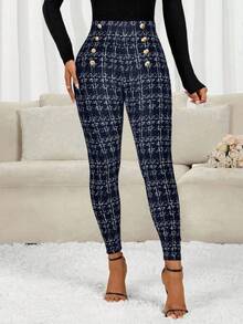 SHEIN Lady Quần legging kẻ caro hai hàng khuy thời trang nữ - Màu xanh hải quân - Xem 6