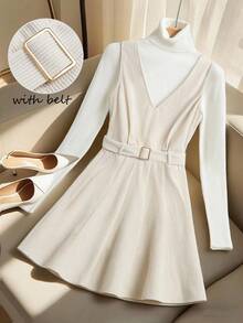 GlowEve CURVE 女士灯芯绒腰部修身喇叭休闲日常百搭杏色连衣裙