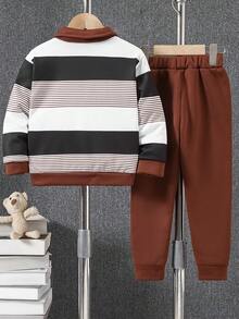 2pcs Young BoyFashion Striped Bear Print Polo Shirt And Casual Elastic Waist Pants Set, Spring/Autumn
