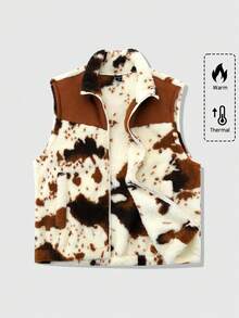 ROMWE MEN Street Life Men's Casual Street Style American Cow Texture Patchwork Fleece Vest, Autumn/Winter