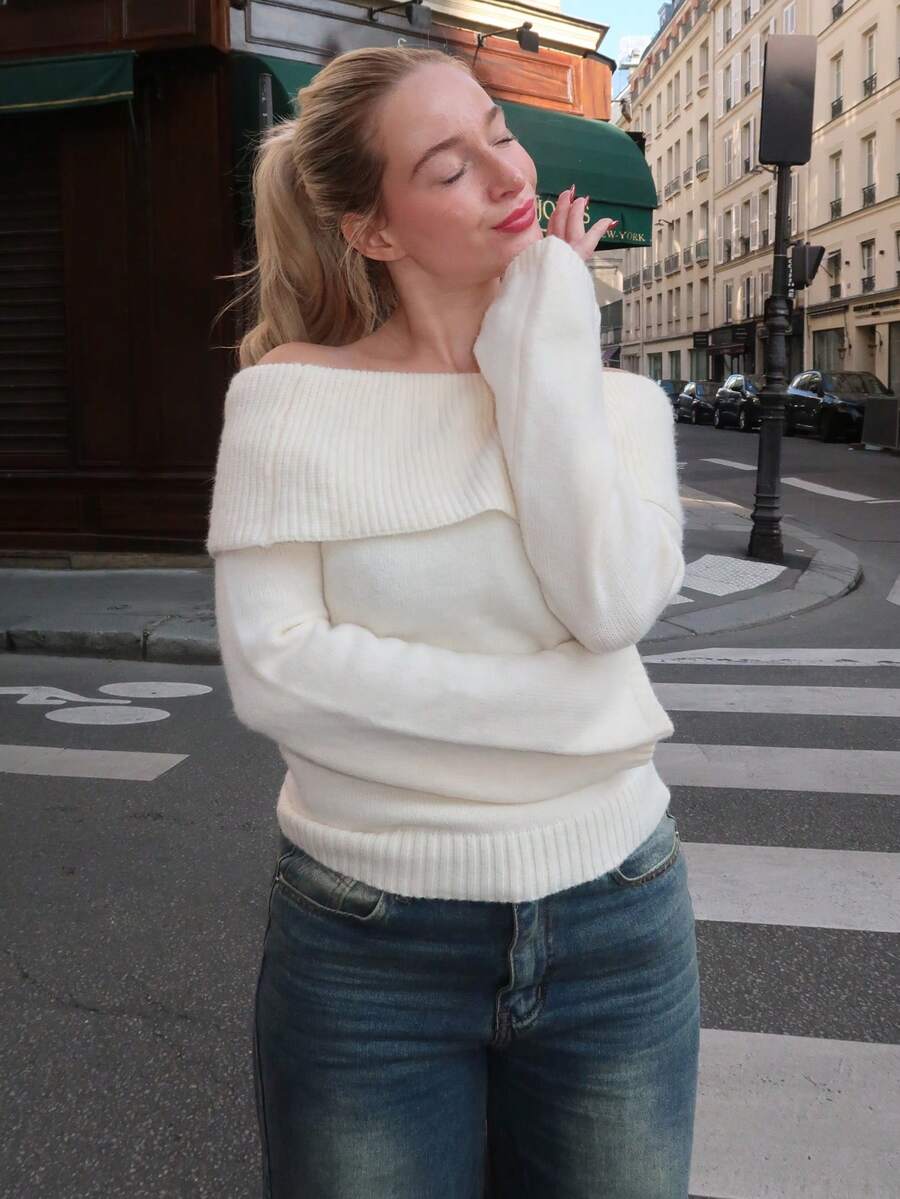 Turnttoni 女款 Y2K 法兰绒露肩毛衣，白色 - 米色 - 查看 1