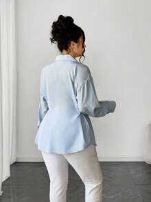 Elenzga Plus Size Women Elegant Solid Color Waist Cinched Long Sleeve Shirt, Versatile For Commuting And Outings