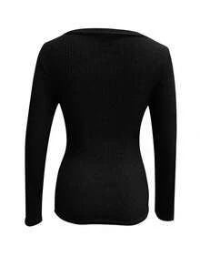 SHEIN 女士V领修身长袖针织T恤，休闲百搭 - 黑色 - 查看 2