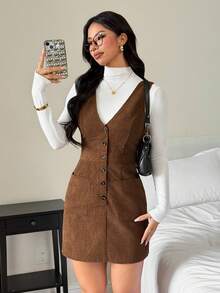 SHEIN PETITE Vestido curto marrom de veludo cotelê com bolsos aplicados e abotoamento simples, estilo country. - Castanho - Ver 8