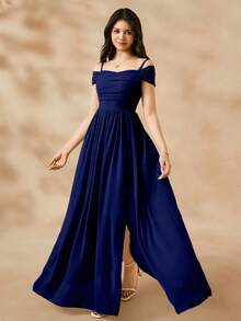 少女绿色雪纺独特吊带连衣裙，优雅开衩度假裙，适合夏季海滩穿着 - 藏蓝色 - 查看 3