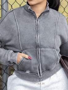 Melissa Matos 水洗拉链夹克 运动衫 运动服 缝线细节 返校 秋冬 舒适 秋季 圣诞节 可爱 休闲 日常 胶囊衣橱 Y2K 街头服饰 - 深灰色 - 查看 4