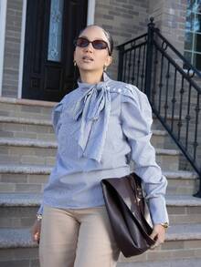 Melissa Matos 系带喇叭袖条纹衬衫，时尚百搭 - 灰色 - 查看 2