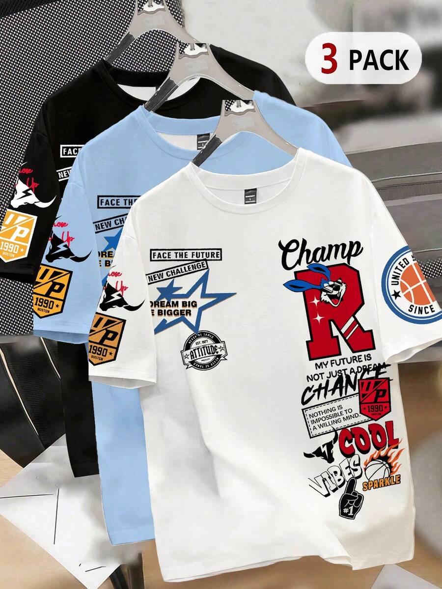 Manfinity Joysei 男士字母卡通印花圆领短袖T恤 - 彩色 - 查看 1