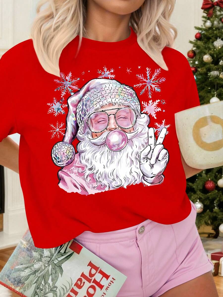 EMERY ROSE Plus Size Christmas T-Shirt, Plus Size Graphic Tee For Streetwear, Short Sleeve - Red - View 1
