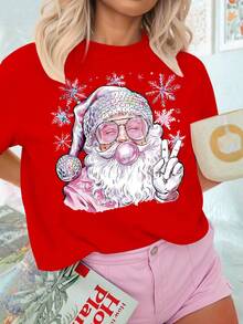 EMERY ROSE Plus Size Christmas T-Shirt, Plus Size Graphic Tee For Streetwear, Short Sleeve - Red - View 3