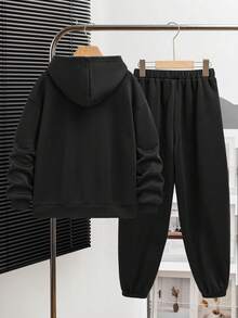 Tween-Jungen 2 Stücke Teenager Slogan Muster Lässiger Minimalistischer Hoodie Sweatshirt und Jogginghose Set, geeignet für Herbst/Winter