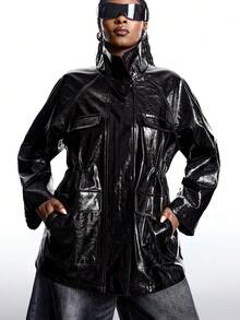 LYSMO Plus Size Glossy PU Punk Avant-Garde Casual Cinched Waist Pocket Jacket, Autumn/Winter - Black - View 4