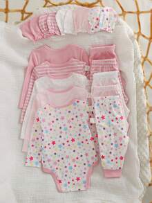 新生女宝宝可爱百搭针织条纹粉色星星图案连体衣、裤子、手套三件套 - 淺粉色 - 查看 2