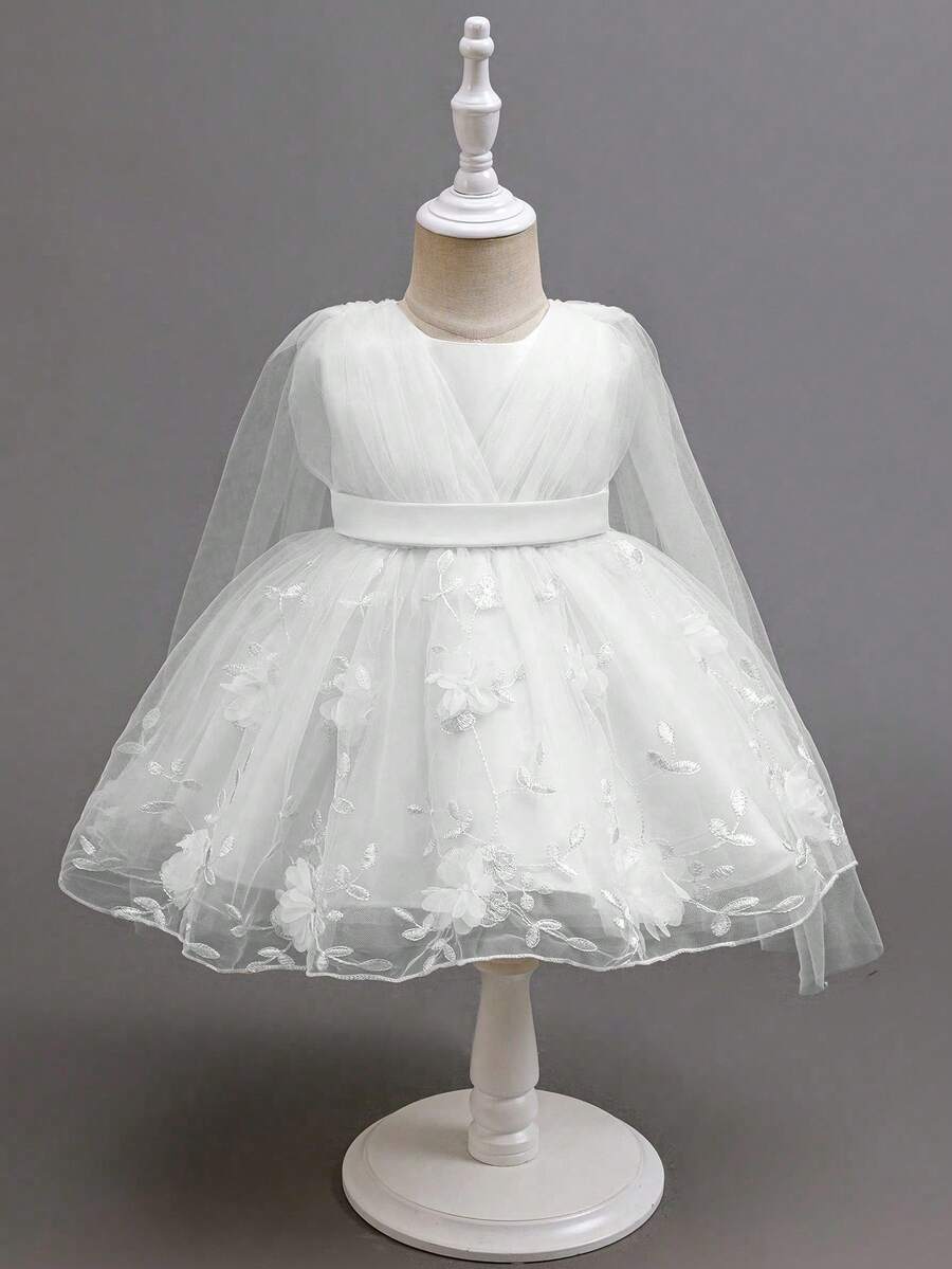 SHEIN Glamorique Kids 女婴香槟色刺绣网纱薄纱连衣裙(带披肩),公主花童连衣裙,适合婚礼、派对、生日、正式场合 - 米色 - 查看 1