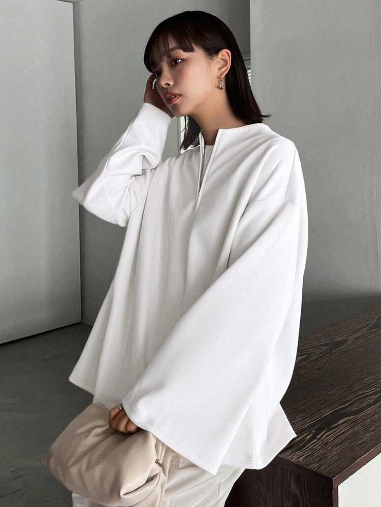 FRIFUL 女士纯色前拉链长袖休闲 T 恤 - 白色 - 查看 3