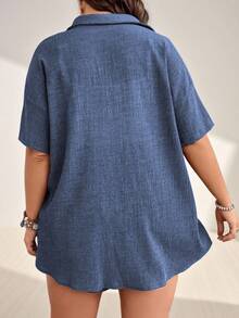 Momelise Plus Size Vacation Casual Solid Color Shirt & Shorts 2 Pieces Set - Dusty Blue - View 2