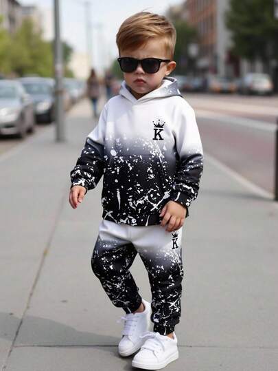 SHEIN 2pcs Kids Boy Casual Gradient Letter Print Hoodie Sweatshirt And Elastic Waist Pants Set, Suitable For Autumn, Spring, Winter, Suitable For Outdoor Play, School, Street Photography, Party And Leisure At Home, High Cost-Performance