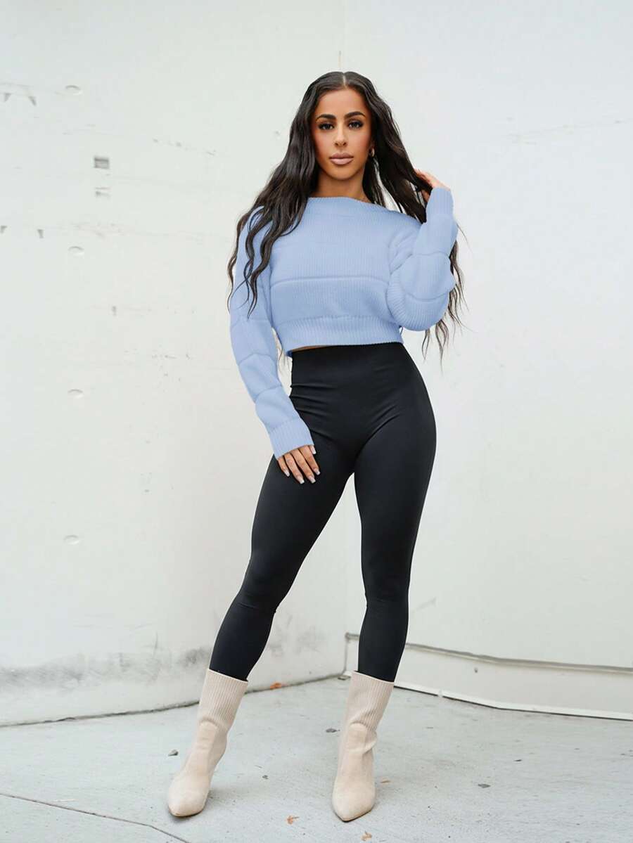 SAYEHFBABY Pull simple à col rond en maille torsadée, décontracté - Bleu ciel - Voir 1