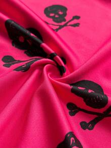 Whyspr Grunge Punk Women's Fuchsia Lace Trim Patchwork Skull Print Halloween V-Neck Long Sleeve Ruched Waist Fitted Dress, Gothic Dress, Unique, Sexy, Spring/Autumn - Hot Pink - View 5