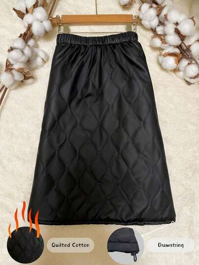 Franclia Plus Size Autumn/Winter Quilted High Waist Drawstring Casual Pants Mid Length Skirt Drawstring Skirt Warm Skirt Black Skirt For Women Quilted Skirt Mid-Length Skirt Quilted Black Skirt Quilted Cotton Skirt Black Bubble Skirt
