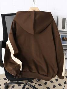 SHEIN Teen Girl Colorblock Letter Print Pattern Loose Casual Sweatshirt - Brown - View 2