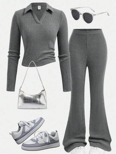 SHEIN Girlism Teen Girls Casual Solid Color Ribbed Long Sleeve Polo Shirt And Pants Set