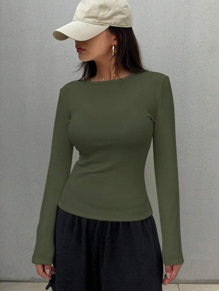 Women's Casual Everyday Commute Simple Solid Color Thermal Lined Long Sleeve Fitted T-Shirt, Autumn/Winter