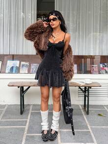SHEIN EZwear 女款新款網紗亮片細肩帶迷你洋裝，派對、新年穿搭 - 黑色 - 查看 5