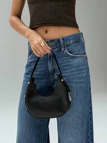 Aloruh Women Solid Color Minimalist Hobo Bag - Black - View 6