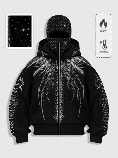Goth Cool Dark Style Hooded Zipper Sweatshirt Sweatshirt With Rhinestone Embellishment, Men Jacket , Fall Winter