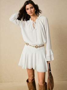 Poéselle 女士优雅纯色系带短裙 - 白色 - 查看 2