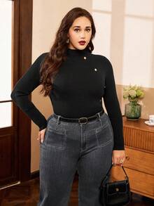 SHEIN Clasi Plus Size Women's Solid Color Stand Collar Button Design Fitted Sweater, Autumn/Winter - Black - View 6