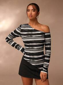 Glamine Top tricotat la modă cu dungi albe și negre pentru femei