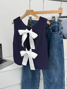 SHEIN Unity Crew Neck Sleeveless Elegant Sweater Vest With Bow Decor - Navy Blue - View 3
