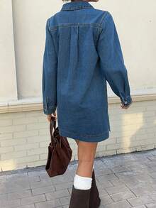 Muchica 女士休闲牛仔连衣裙，翻领带口袋，长袖，秋季款 - 中等水洗藍 - 查看 3